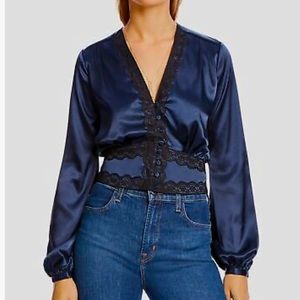 LINI Women's Blue Black Lace V-Neck Long-Sleeve Blouse Shirt Top (XS)